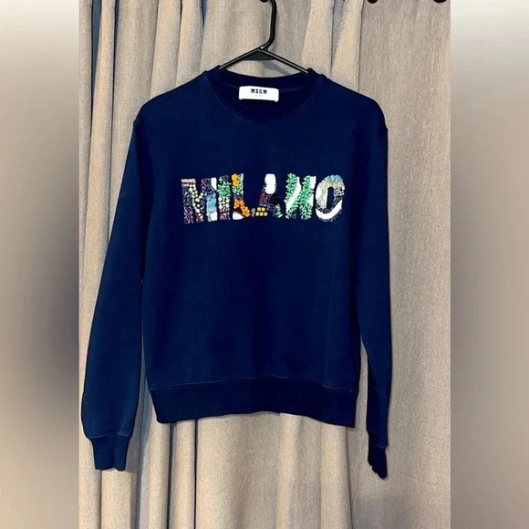 MSGM Milano Beads Authentic Designer Luxury Navy Blue Embellished Sweatshirt SM - Picture 6 of 13